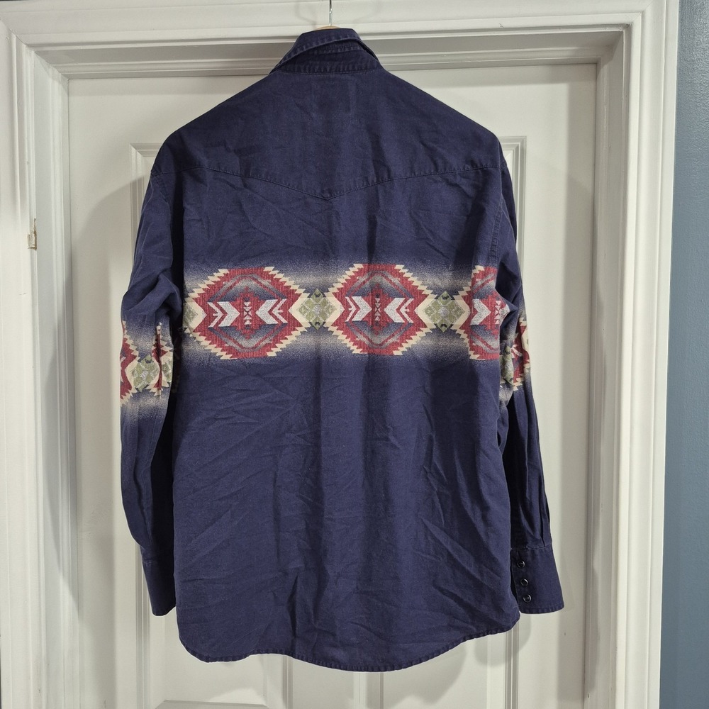 Vintage Wrangler Shirt Mens XL Navy Pearl Snap Aztec Southwestern Navajo 90s - Picture 2 of 8